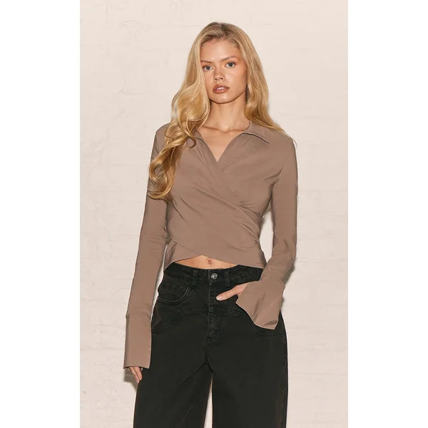 Mushroom Bengaline Wrap Detail Fitted Shirt