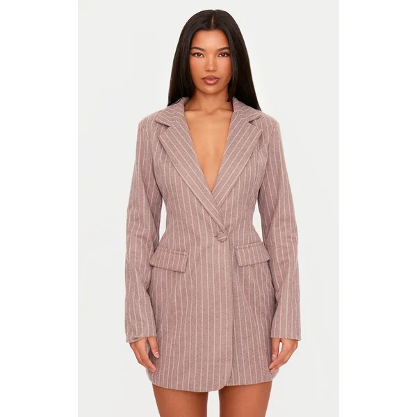 Mushroom Brushed Woven Pinstripe Cinched Waist Blazer Dress