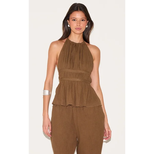 Mushroom Cheesecloth Halterneck Sleeveless Backless Top