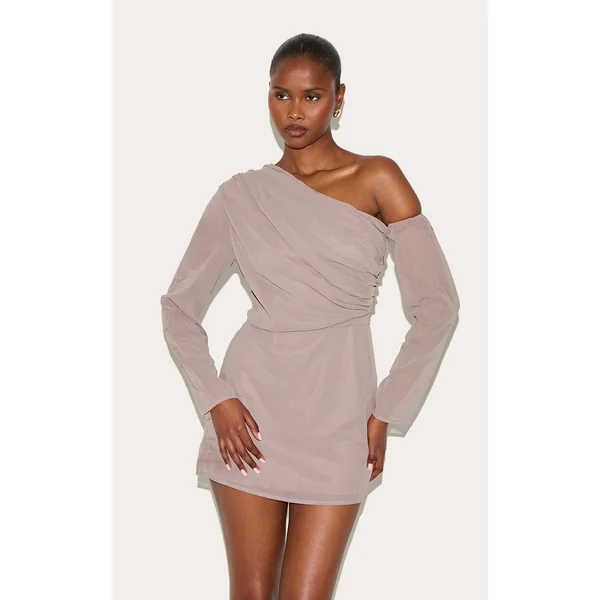 Mushroom Chiffon Asymmetric Ruched Shift Dress