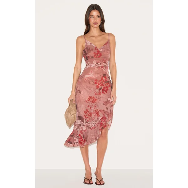 Mushroom Chiffon Floral Cowl Neck Midi Dress