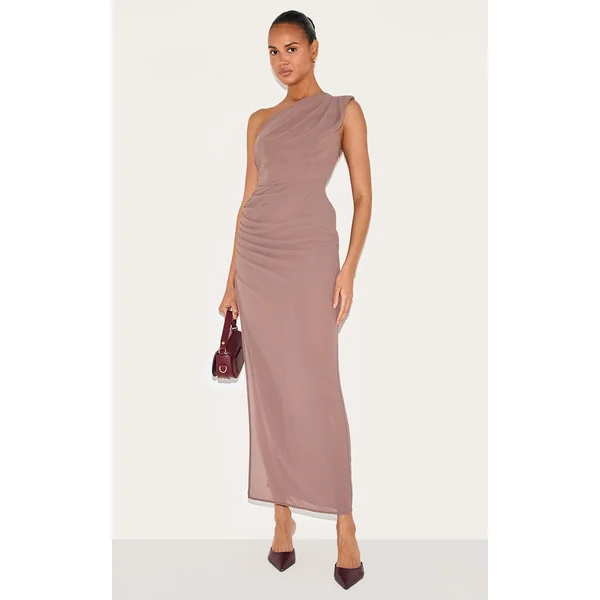 Mushroom Chiffon One Shoulder Ruched Maxi Dress
