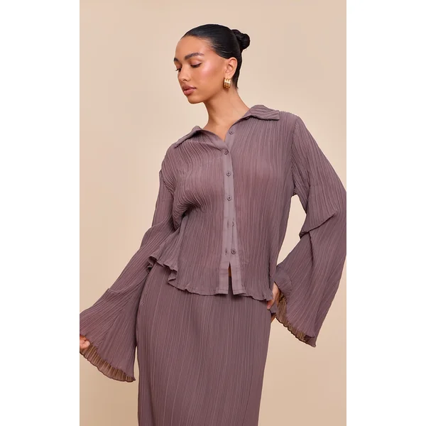 Mushroom Chiffon Plisse Sheer Shirt