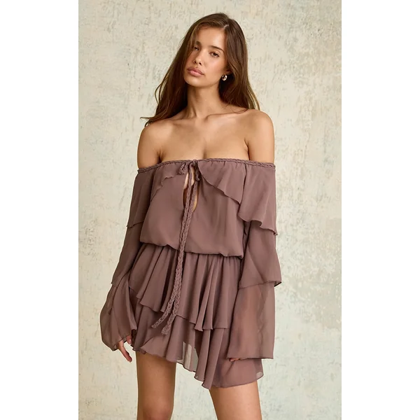 Mushroom Chiffon Ruffle Detail Long Sleeve Romper