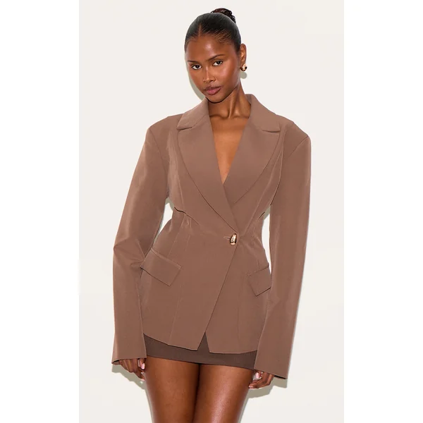 Mushroom Cinched Waist Lapel Point Detail Blazer