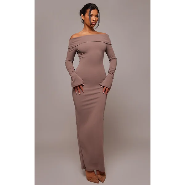 Mushroom Crepe Long Sleeve Bardot Maxi Dress