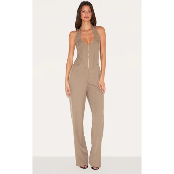 Mushroom Dipped Corset Zip Front Wide Leg Jumpsuit