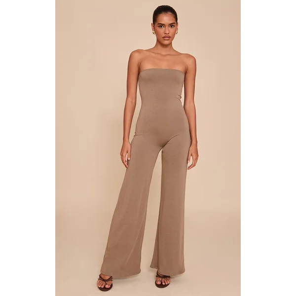 Mushroom Double Layer Contour Jersey Bandeau Wide Leg Jumpsuit