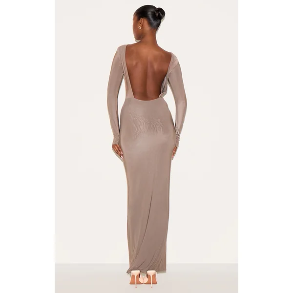 Mushroom Double Layer Deep Back Maxi Dress