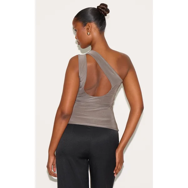 Mushroom Double Layer Slinky Back Detail One Shoulder Top