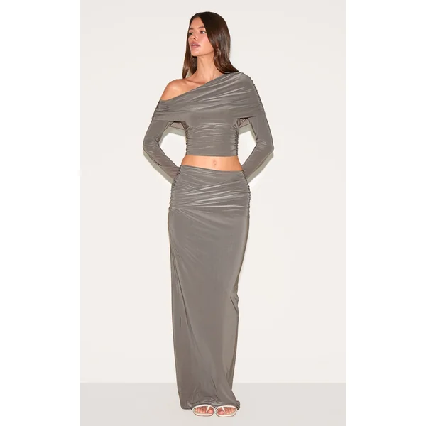 Mushroom Double Layer Slinky Fold Over Maxi Skirt