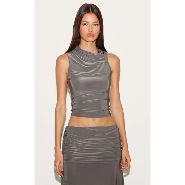 Mushroom Double Layer Slinky Neck Detail Long Top