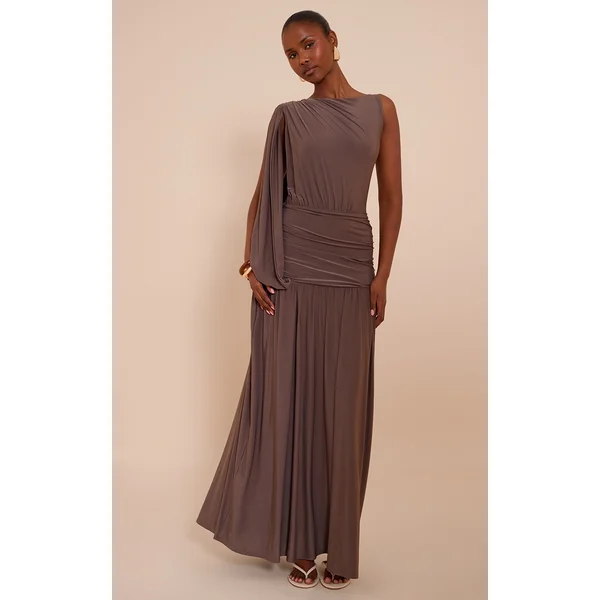 Mushroom Double Layer Slinky Ruched One Shoulder Maxi Dress