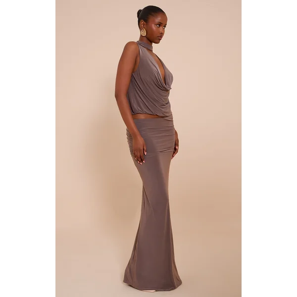 Mushroom Double Layer Slinky Ruched Waist Maxi Skirt