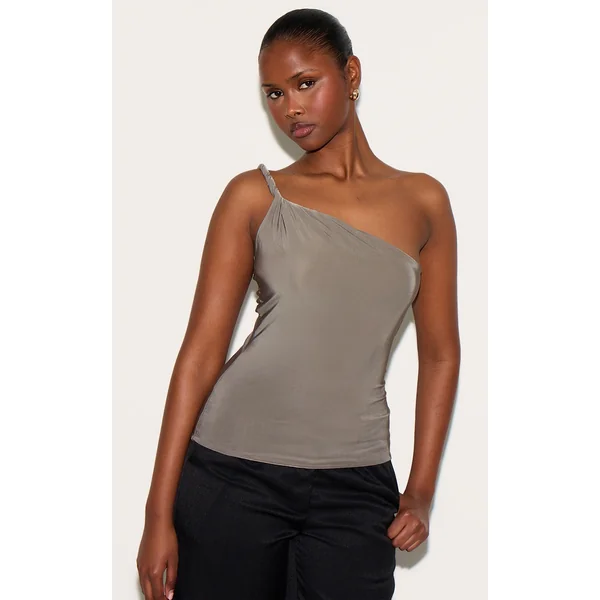 Mushroom Double Layer Slinky Twist Detail One Shoulder Long Top