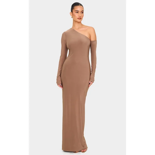 Mushroom Double Slinky Asymmetric Neck Long Sleeve Maxi Dress