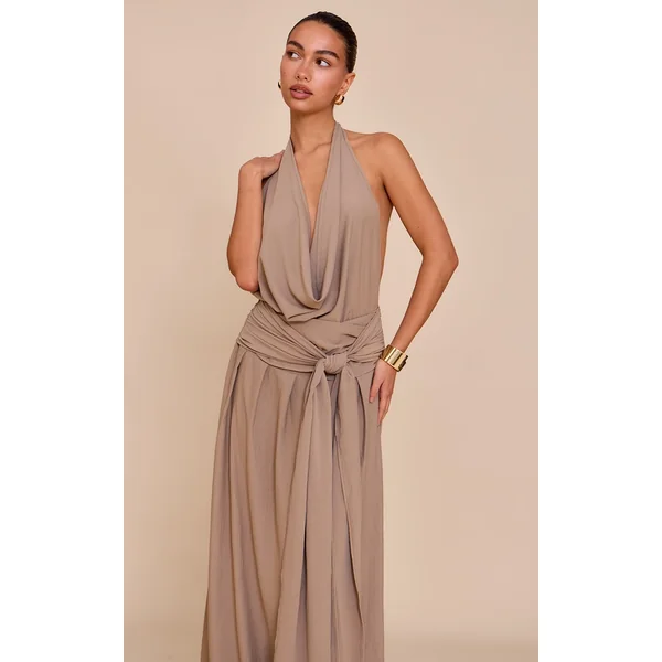 Mushroom Floaty Woven Cowl Neck Low Back Maxi Dress