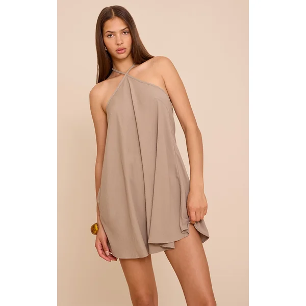 Mushroom Floaty Woven Halter Neck Mini Dress