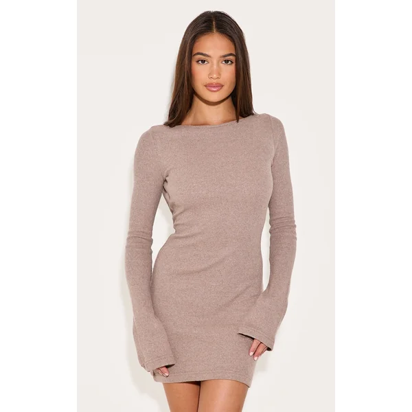 Mushroom Heavy Brushed Rib Flared Sleeve Shift Dress