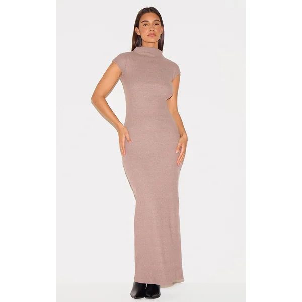 Mushroom Heavy Brushed Rib High Neck Cap Sleeve Maxi Dress