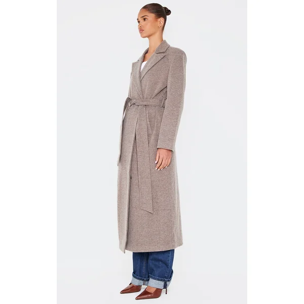 Mushroom Herringbone Self Tie Maxi Coat