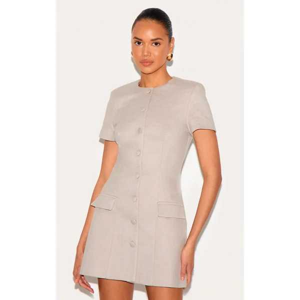 Mushroom Herringbone Tailored Short Sleeve Mini Dress