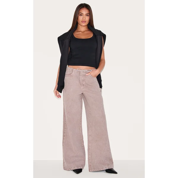 Mushroom Low Rise Tie Waistband Wide Leg Jeans