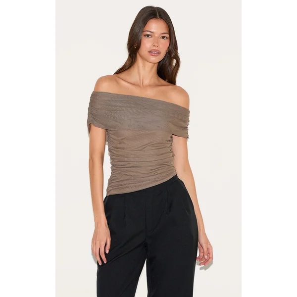 Mushroom Mesh Foldover Ruched Bandeau Top