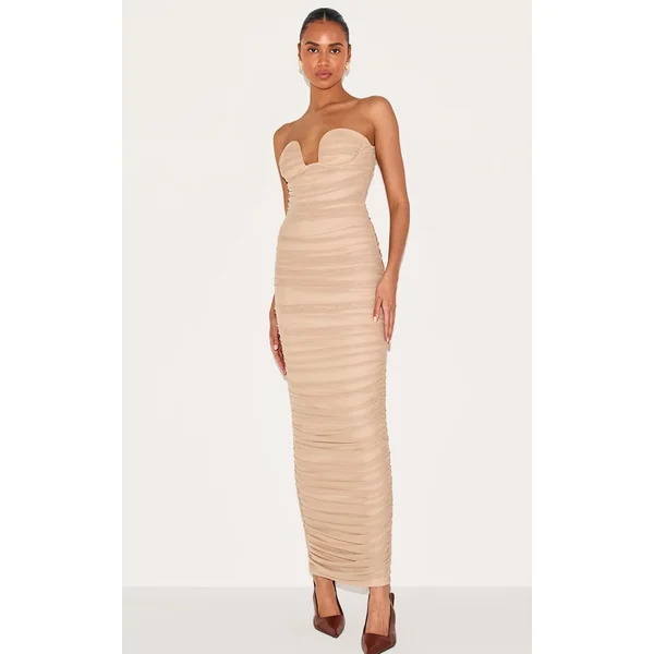 Mushroom Mesh Ruched Bandeau Plunge Maxi Dress