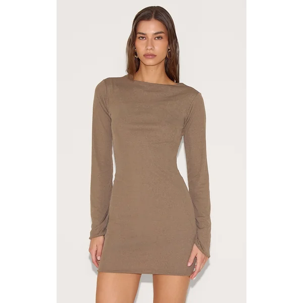 Mushroom Onion Skin Boat Neck Flute Sleeve Mini Dress