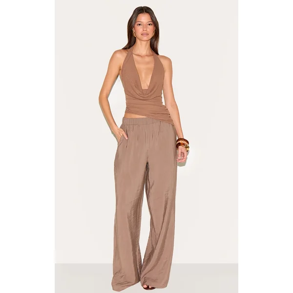 Mushroom Peached Woven Elasticated Waist Straight Leg Pants
