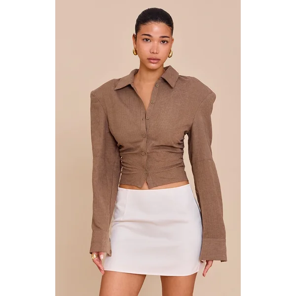 Mushroom Pinstripe Ruched Shoulder Pad Detail Shirt