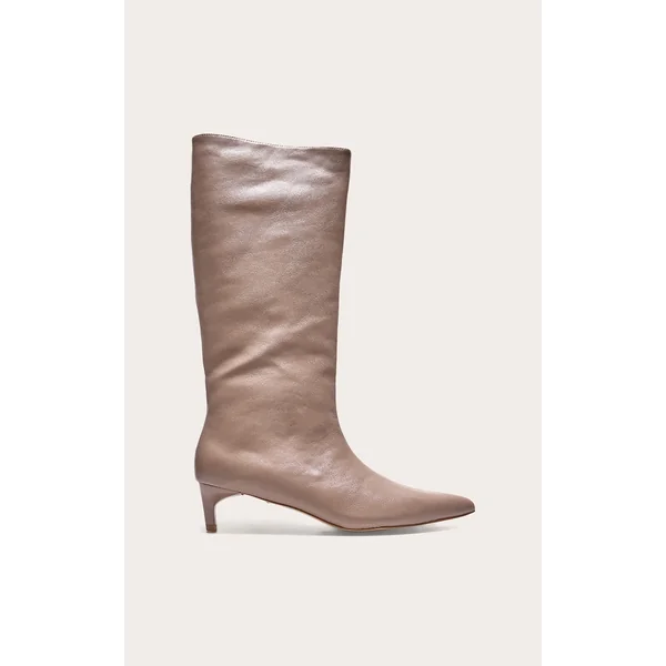 Mushroom PU Point Toe Low Stiletto Knee High Heeled Boots