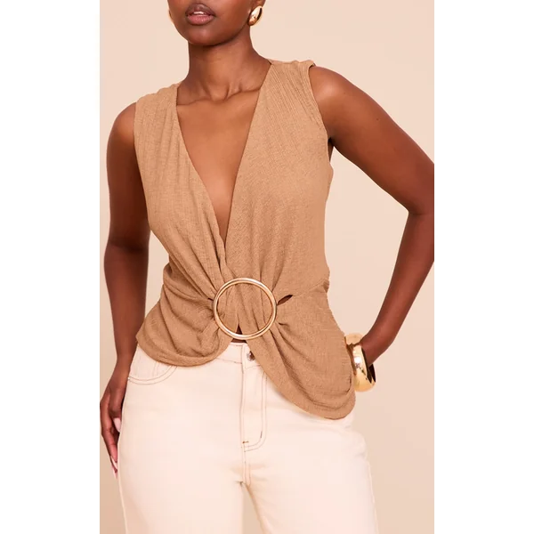 Mushroom Ribbed Onion Skin Trim Detail Plunge Top