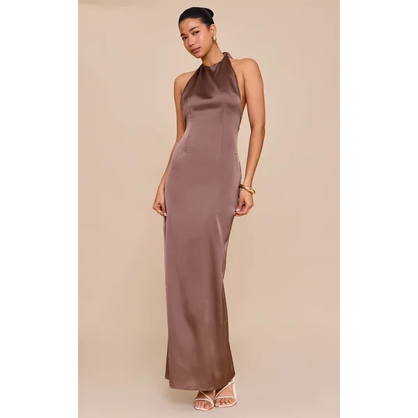Mushroom Satin Halter Flared Maxi Dress