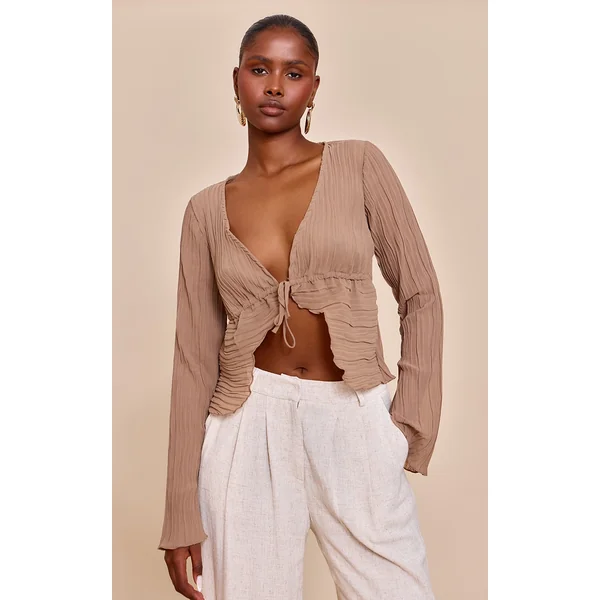 Mushroom Sheer Plisse Tie Front Flute Sleeve Blouse