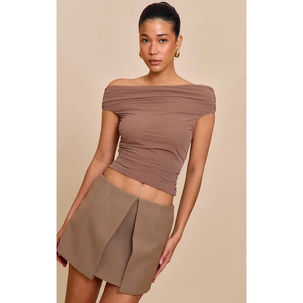 Mushroom Stretch Chiffon Ruched Detail Long Top