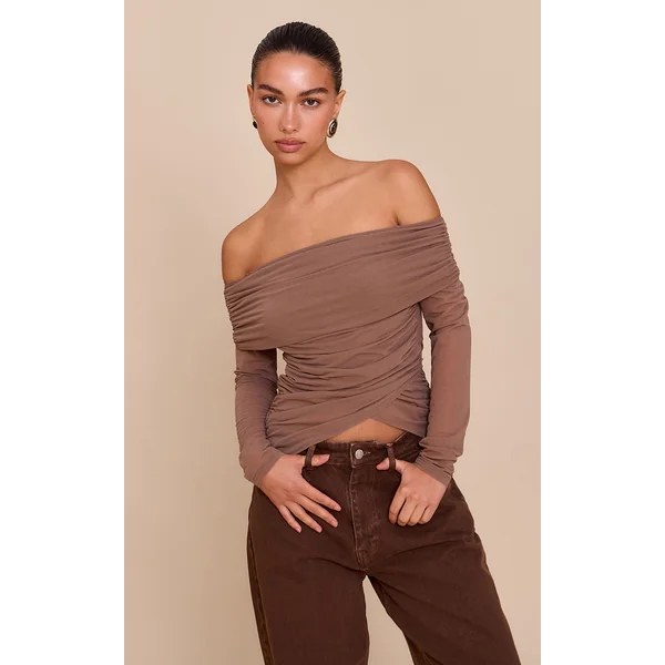 Mushroom Stretch Chiffon Ruching Bardot Detail Long Sleeve Top