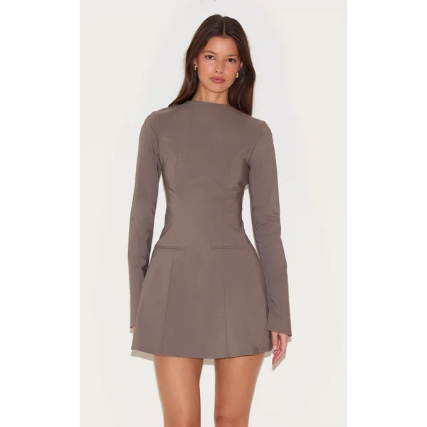 Mushroom Stretch Woven Boat Neck Flare Sleeve Shift Dress