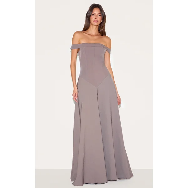 Mushroom Structured Bardot V Waist Maxi Dress