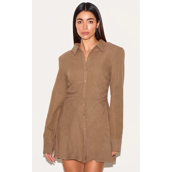 Mushroom Structured Ruched Detail Long Sleeve Shirt Dress