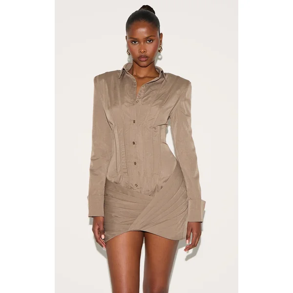 Mushroom Structured Woven Wrap Shirt Dress