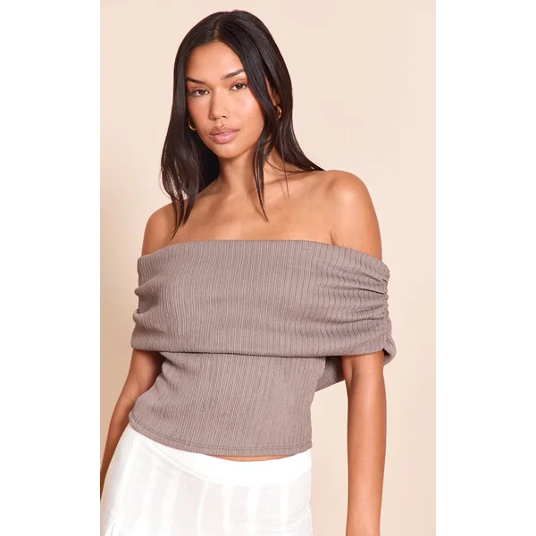 Mushroom Textured Bardot Fold Over Detail Long Top