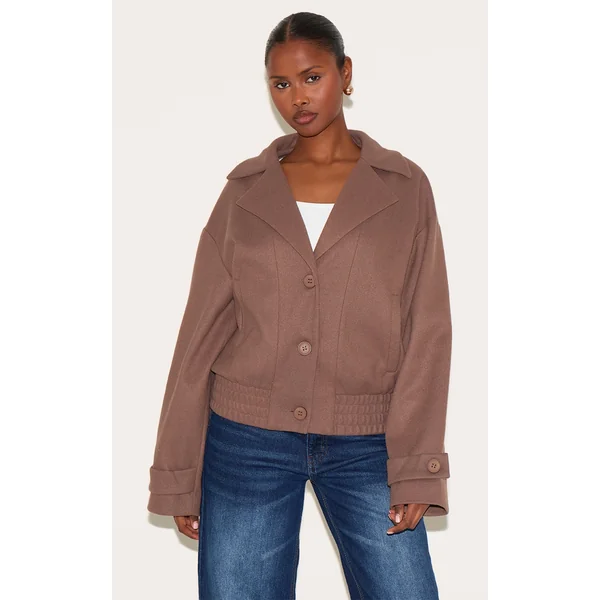 Mushroom Wool Look Button Up Front Bomber Jacket