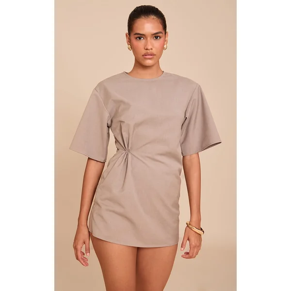Mushroom Woven Asymmetric Cinched Skort Romper