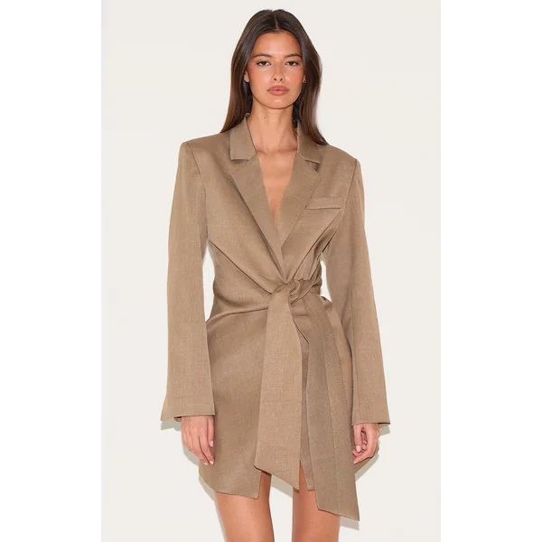 Mushroom Woven Blazer Side Tie Mini Dress