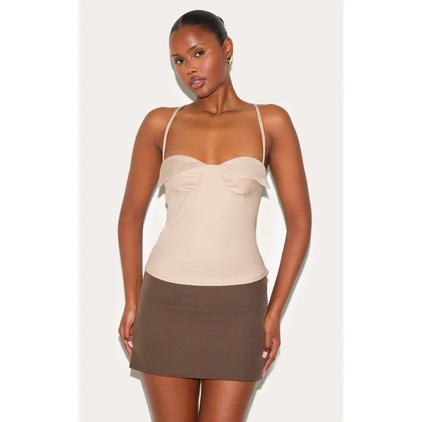 Mushroom Woven Bust Detail Cross Strap Long Top