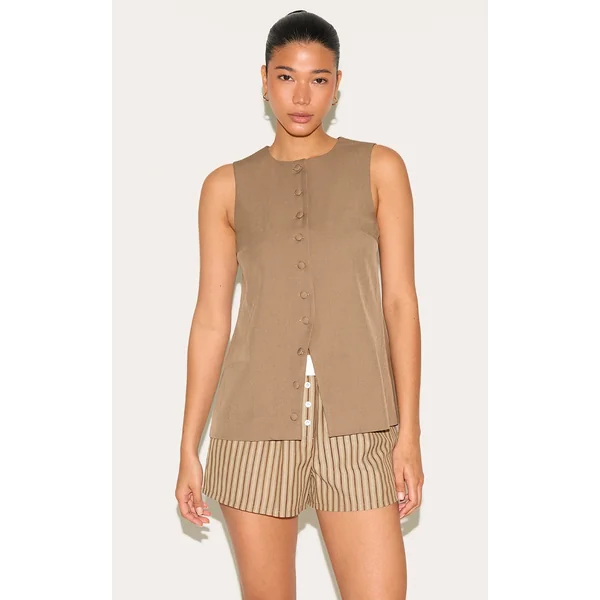 Mushroom Woven Button Down Longline Vest