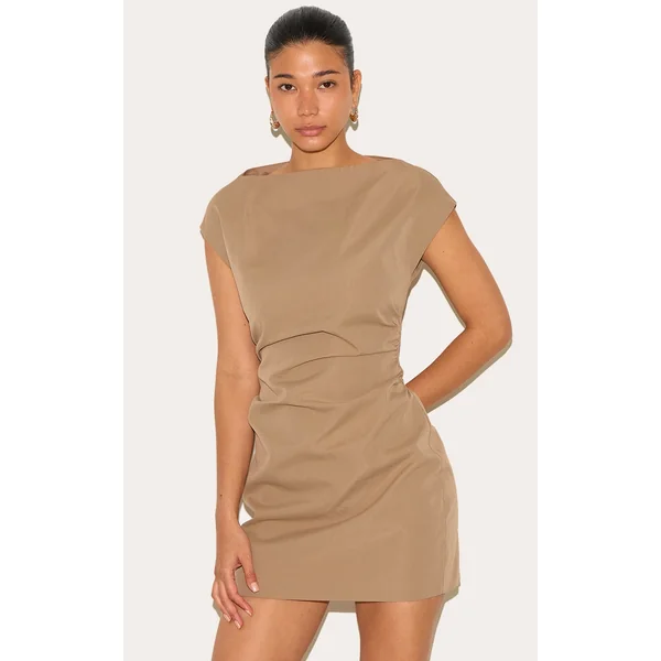 Mushroom Woven Cap Sleeve Cinched Waist Mini Dress