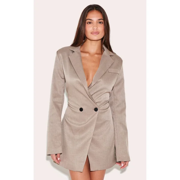 Mushroom Woven Cinched Waist Blazer Dress